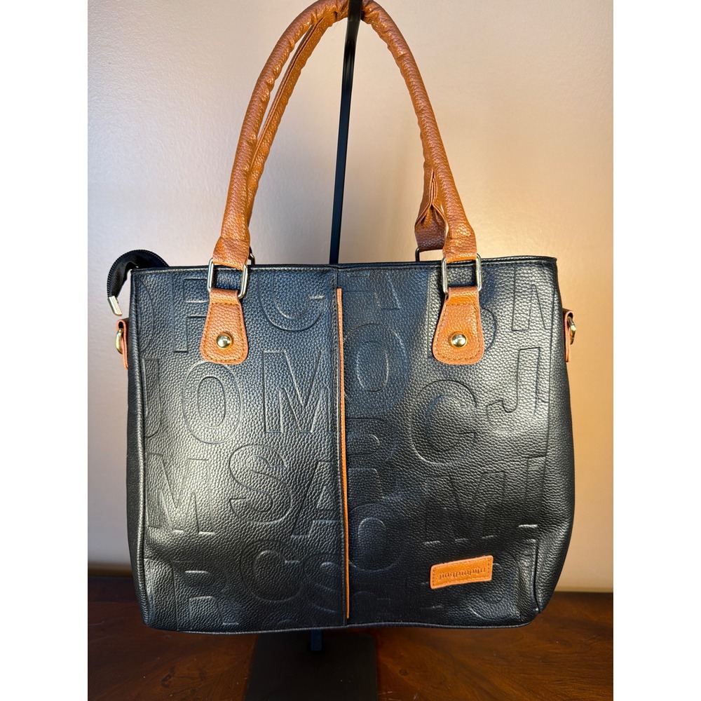 Jingpinpiju Black Embossed Letter Tote Bag Cognac‎ Brown Handles Two-Tone Purse
